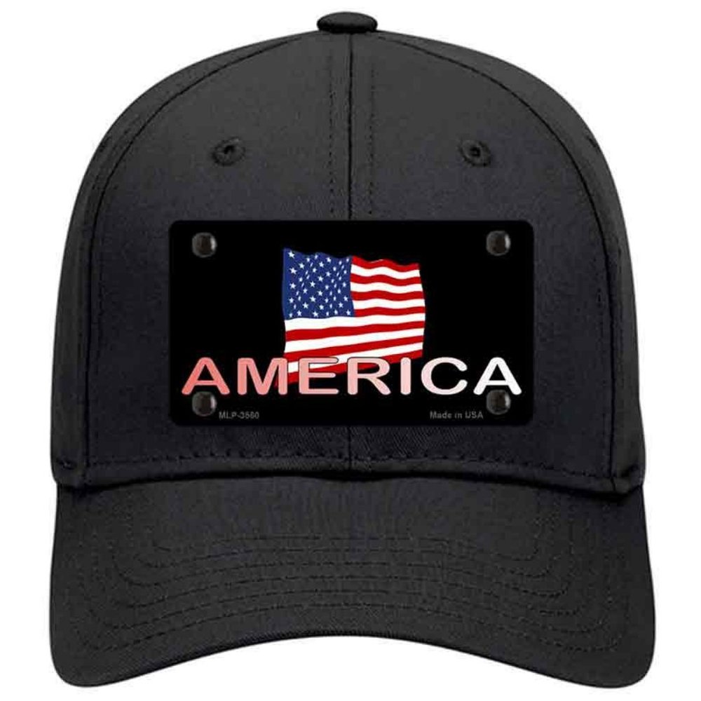 American Flag on Black Metal on Cotton Velcro Hat - Black